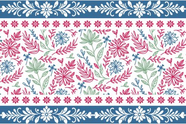 Kusursuz çiçekli nakış nakışı. Bir çizgi çizimi. Botanik sınır çizimi. Zarif taç yaprağı dokusu. Tekstil tasarımı tekrarlanıyor. el çizimi taslak biçimi