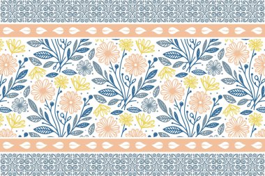 Kusursuz sınır dokusu. Bir çizgi nakış sanatı. Çiçek tasarımı. Botanik anahat yaprakları. Asgari tekstil modeli. El çizimi sanat eseri