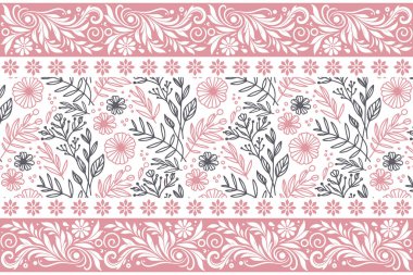 Hassas taç yaprağı çizimi. İşlemeli sınır deseni. Bir sıra çiçek deseni. Kusursuz tekstil tekrarı. Modern taslak sanat eseri. Botanik el çizimi tasarımı