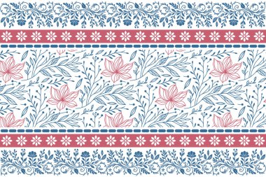 Tekstil tasarımı. Kenar çiçekli nakış. Asgari yaprak çizimi. Tek çizgi tekrarlama kalıbı. Botanik anahat dokusu. El çizimi çiçek elementleri