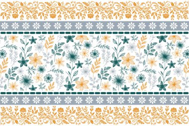 Çiçeksel sınır unsurları. Nakış çizgisi çizimi. Kusursuz çiçek deseni. Tekstil ana hatları. Bir çizgi tasarım stili. en az botanik çalışması