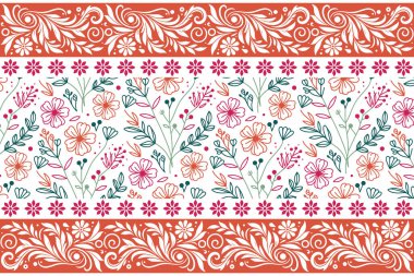 Sınır tekrar çizimi. Çiçekli nakış tasarımı. Bir çizgi yaprak sanatı. Tekstil deseni. Kusursuz botanik çizgisi. Zarif el çizimi sanat eseri