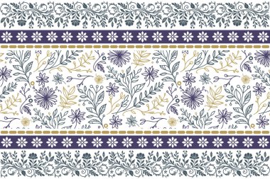 Zarif çiçek deseni. Elle çizilmiş nakış. Botanik çizimi. Bir çizgi yaprak dokusu. Tekstil dikişsiz sınır. en küçük çiçek yinelemesi