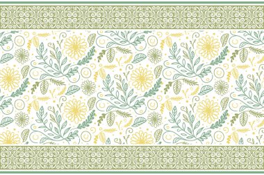 Çiçekli nakış işleme sanatı. Bir çizgi botanik çizimi. Kusursuz tekstil tekrarı. Ana hatlarıyla çiçek tasarımı. Sınır desenli. el çizimi taç yaprakları