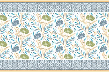 Bir çizgi nakış işi. Çiçeksel sınır tekrarı. Asgari tekstil modeli. Hassas taç yaprağı çizimi. Botanik çizgi elementleri. Kusursuz el çizimi tasarımı