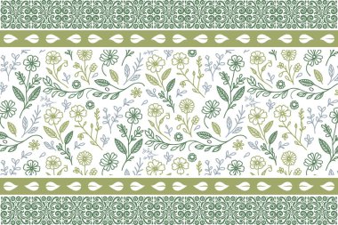 El yapımı botanik. Bir çizgi desenli doku. Kusursuz çiçek sınırında. Zarif nakış tasarımı. Tekstil yaprağı eskizi. özet çiçek tekrarı