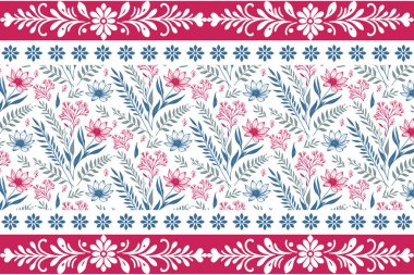 Botanik nakış sınırı. Bir çizgi çiçek çizimi. Kusursuz çiçek tekrarı. Tekstil desenli. Modern taç yaprakları. El çizimi sanat dokusu