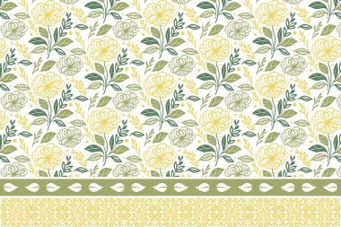 Kusursuz çizim. Bir sıra çiçekli nakış nakışı. El çizimi sınır tasarımı. Tekstil yaprakları sanat eseri. Botanik tekrarı. modern asgari doku