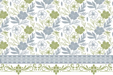 tasarım taçyaprakları. Kusursuz sınır nakışları. Çiçek desenleri tek sıra halinde. El yapımı tekstil sanatı. Taslak doku tekrarı. Botanik modern elementler