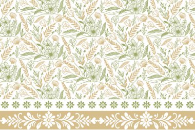 Taslak taç yaprakları skeci. İşlemeli çiçekli tekrar. Kusursuz sınır düzeni. Bir çizgi desen çizimi. El yapımı tekstil tasarımı. Botanik modern elementler