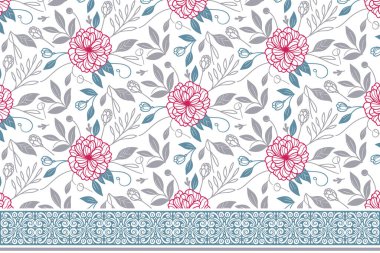 Çiçekli nakış eskizi. Sınır dokusu tek sıra halinde. Kusursuz taç yaprakları deseni. Tekstil tekerrür ediyor. El yapımı botanik tasarımı. modern özet ögeleri