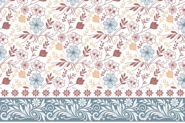 Çiçek desenli elementler. Bir çizgi nakış tekrar ediyor. Kusursuz sınır düzeni. El yapımı taç yaprakları. Modern tekstil dokusu. Botanik çizim