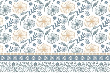 Yaprak dokusunu çiz. Kusursuz çiçek tekrarı. Nakış işi sınır çizimi. Tekstil bir çizgi deseni. El çizimi modern tasarım. Botanik anahat elementleri