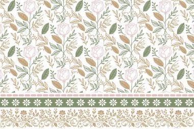 Minimum özet çiçekleri. Kusursuz nakış dokusu var. Çiçekli sınır tasarımı. Bir çizgi taç yaprakları tekrar eder. Tekstil el çizimi. Botanik desenli çizimler