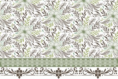 Bir çizgi çizimi kalıbı. El çizimi çiçek resimleri. İşlemeli sınır tekrarı. Tasarım taslağı. Kusursuz tekstil dokusu. modern botanik elementleri