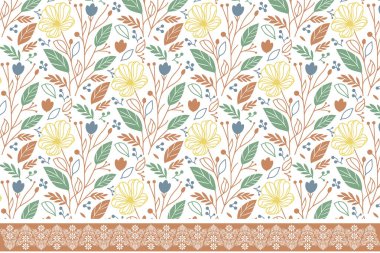 Çiçeksel nakış dokusu. Kusursuz sınır çizimleri. Bir çizgi taç yaprakları tekrar eder. Tekstil el çizimi desen. Tasarım taslağı. Botanik modern stil