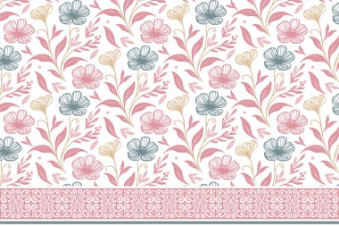 Desen dokuyu tekrarlıyor. Çiçek işlemeli kenar. Taslak yapraklar tek sıra halinde. Kusursuz el yapımı tekstil. Botanik modern sanat eserleri. tasarım ögeleri