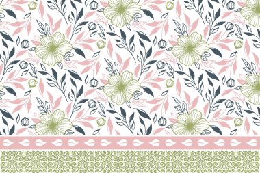 Çiçek işleme elementleri. Kusursuz desen tasarımı. Bir sıra sınır çizimi. El yaprağı deseni. Tekstil taslağı. en az botanik tekrarlama