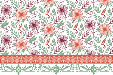 Minimum desen dokusu. Bir çizgi nakış eskizi. Kusursuz çiçek sınırında. Tekstil tekrarı. El yapımı taç yaprakları. modern botanik sanatı