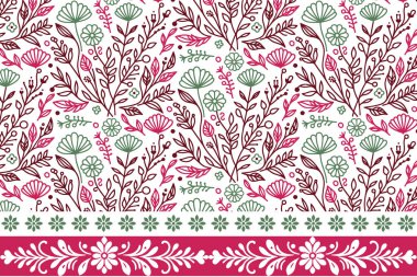 Çiçekli nakış tasarımı. Sınır çizimi. Tekstil deseni tek satırda. El çizimi yapraklar tekrar eder. Kusursuz modern doku. Botanik sanat öğeleri