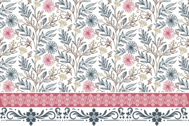 Çiçeksel tekstil sınırı. Çizim yaprağı hizada. Nakış desenli doku. El çizimi tasarım tekrar. Kusursuz botanik çizimleri. asgari özet ögeleri