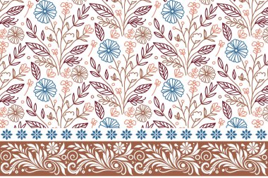 Desen dokuyu tekrarlıyor. Bir çizgi çiçek çizimi. Kusursuz nakışlı bir sınır. Tasarım taslağı. El yapımı tekstil sanatı. modern botanik arkaplanı