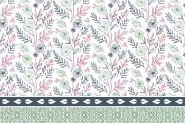 Tekstil nakışı tekrarlanıyor. Çiçeksel kenar dokusu. Yaprakları tek sıra halinde çiz. Modern botanik sanat eserleri. El çizimi tasarım. pürüzsüz kalıp arkaplanı