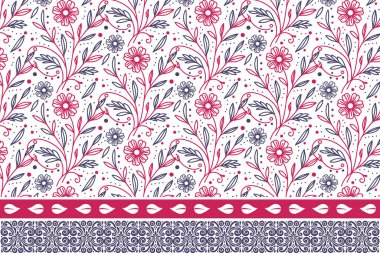 Modern nakış eskizi. Kusursuz çiçek deseni. Sınır tekrarı. Bir çizgi tekstil tasarımı. El yapımı botanik elementler. minimal yaprak çizimi