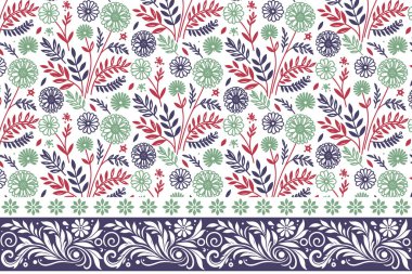 Desen tasarımı. Bir sıra çiçek sanatı. Kusursuz nakışlı bir sınır. Asgari tekstil dokusu. Çiçek desenli elementler. Botanik el çizimi tekrarla