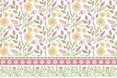 Çiçek desenli nakış. Zarif sınır tasarımı. Tekstil eskiz kalıbı. Kusursuz el yaprağı çizimi. Botanik elementlerin ana hatları. modern tekrarlama dokusu