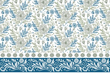Sınır dokusu taslağı. Kusursuz çiçek tekrarı. Bir satırda nakışlı taç yaprakları. Botanik anahat elementleri. El yapımı tekstil tasarımı. modern minimal desen