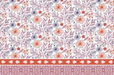 Botanik tekrarlama kalıbı. Kusursuz nakış tasarımı. Çiçeksel çizim dokusu. Taslak yapraklar tek sıra halinde. El yapımı sınır unsurları. tekstil arkaplan sanatı