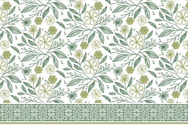 Kusursuz bir çiçek çizimi. Zarif tekstil deseni. Bir sıra sınır nakışı. El çizimi yapraklar tekrar eder. Modern çiçek dokusu. Botanik arkaplan elementleri