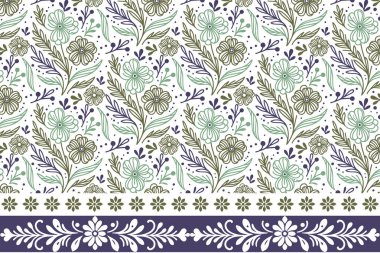 Modern sınır nakışları. Bir çizgi çiçek çizimi. Kusursuz botanik desen. El çizimi yapraklar tekrarlanıyor. Çiçek dokusu çok az. özet tekstil tasarımı