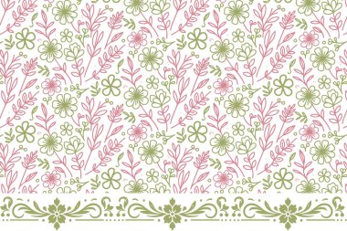 Çiçek sınırını çizdim. Tekstil sanatı tekerrür ediyor. İşlemeli taç yaprağı taslağı. Kusursuz desen dokusu. Bir çizgi modern tasarım. El çizimi botanik elementler