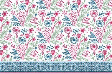 Kusursuz çiçek arkaplanı. Bir sıra botanik sınırı. Çizim yaprağı tasarımı. Modern nakış dokusu. Çizim tekrarı. minimal tekstil deseni