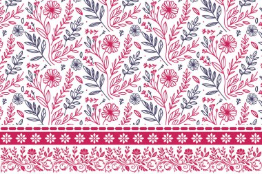 Çiçek işlemeli kenar. Bir çizgi yaprak dokusu. Kusursuz tekstil tekrarı. El çizimi botanik çizimi. Desen tasarımı. zarif asgari sanat eseri