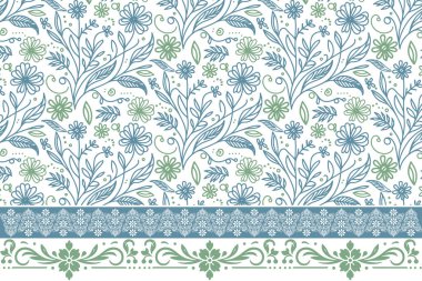 Botanik çizimi. El çizimi çiçek sınırı. Kusursuz taç yaprağı tekrarlama kalıbı. Nakış deseni deseni. Çiçekli tekstil tasarımı. minimal modern elementler