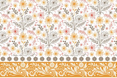 Kusursuz tekstil sınırı. Zarif çiçek deseni. Tasarım taslağı. Elle çizilmiş nakış tekrarlanıyor. Eskiz geçmişi çok az. modern botanik elementleri