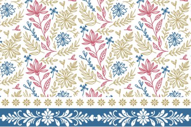 Sınır ayrıntıları nakış. Bir sıra çiçek sanatı. Kusursuz çiçek çizimi. Modern tekstil dokusu. Asgari taç yaprağı çizgisi. Botanik tekrarlama deseni