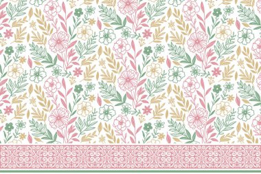 Kusursuz çiçek desenleri. Sınır deseni tek sıra halinde. Zarif el yapımı tasarım. Taslak yaprak çizimi. Modern tekstil tekrarı. Botanik nakış dokusu