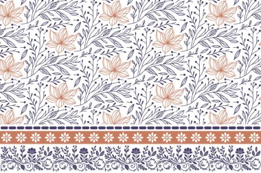 Sınır nakışı eskizi. Çiçek deseni tek sıra halinde. Minimum botanik elementler. Kusursuz taç yaprağı dokusu. Modern tekstil tekrarı. El çizimi çiçek çizimi