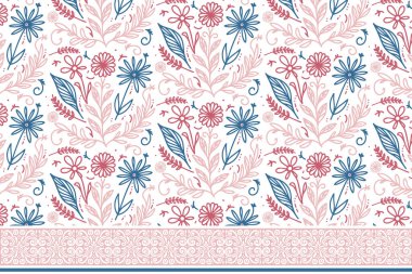 Bir sıra çiçek deseni. Zarif kenarı olan kusursuz bir desen. El yapımı nakış tasarımı. Botanik tekstil skeci. Özet tekrar et. modern çiçek sanatı