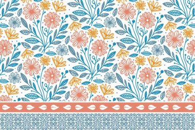 Kusursuz sınır düzeni. Çiçek işlemeli el çizimi. Taslak taç yaprağı dokusu. Kenarında çiçek deseni olan bir çizgi. Tekstil skeci tekrarlanıyor. modern botanik tasarımı