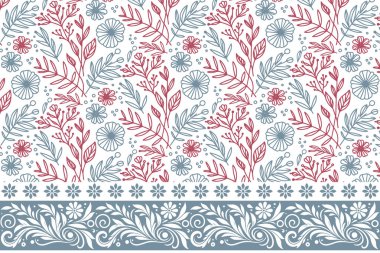 Zarif çizim tekrarlanıyor. Kusursuz taslak yapraklar. Tekstil sınır nakışı. Kenarında çiçek deseni olan bir çizgi. Botanik arka plan tasarımı. El çizimi çiçek dokusu