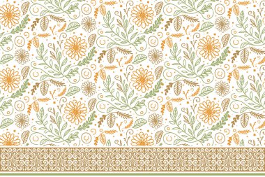 Botanik çizgisi çiçekleri. Kusursuz işlemeli arka plan. Modern tekstil sınırı. Kenarında çiçek deseni olan bir çizgi. Taslak yaprak çizimi. el çizimi tekrarlama dokusu