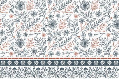 Minimum nakış eskizi. Çiçek desenli el çizimi. Kenarında çiçek deseni olan bir çizgi. Kusursuz taç yaprağı dokusu. Botanik tasarım geçmişi. özet tekstil tekrarı