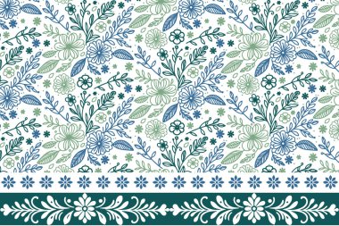 Modern çiçek arkaplanı. Kusursuz nakış dokusu var. Sınır tekstil modeli. Kenarında çiçek deseni olan bir çizgi. El yapımı taç yaprağı çizimi. Botanik anahat elementleri