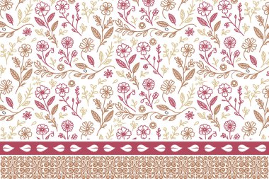 Çiçeksel çizim dokusu. Kusursuz nakış hatları var. Minimum el yaprağı çizimi. Kenarında çiçek deseni olan bir çizgi. Tekstil sınırı tekrarı. Botanik arka plan sanatı