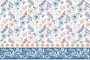 Kenarında çiçek deseni olan bir çizgi. Nakış eskizini tekrar et. Ana hatlarıyla çiçek elementleri. Kusursuz botanik geçmişi. Modern tekstil sınırı. el çizimi taç yaprağı tasarımı